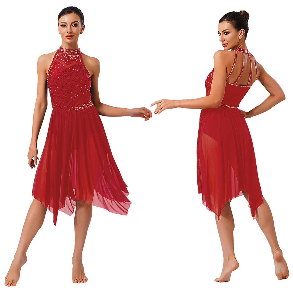 Premium Lyrical Dance Costume for Women S-XXL Halter Rhinestone Dress with Mesh Ruffled Skirt for Competition & Classes