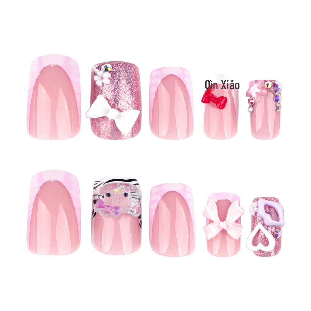 Cute Cat Bow Pink Japanese Manicure Wearable Short Square False Nails