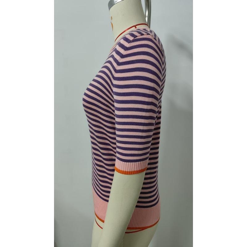 Zomer Dames Gestreept Gebreid Kortmouwig T-shirt IJszijde Kleurcontrast College Stijl Top