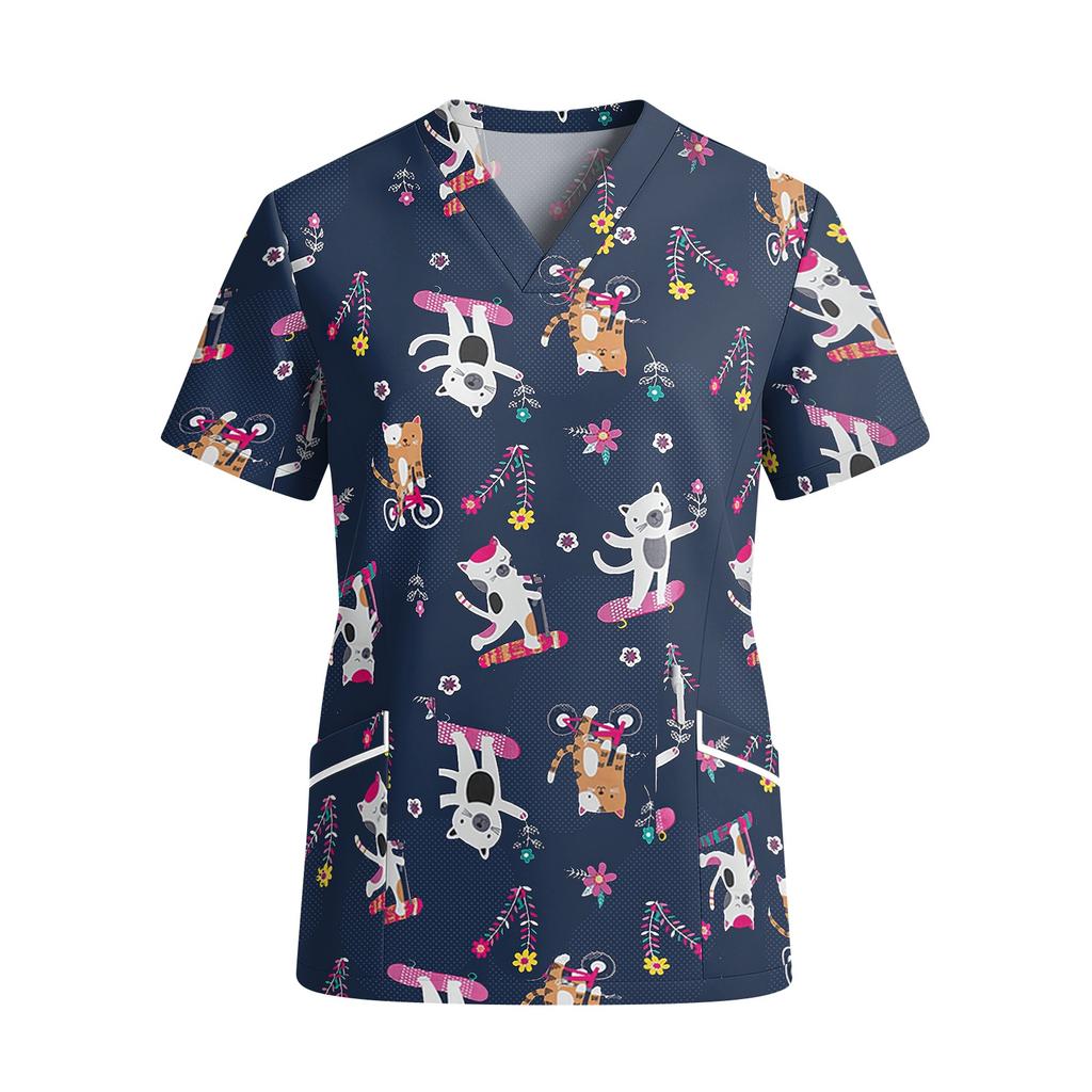 Womens V Neck Short Sleeve Printed Scrub Top with Pockets Animal Pattern Lightweight for Healthcare and Service Professionals