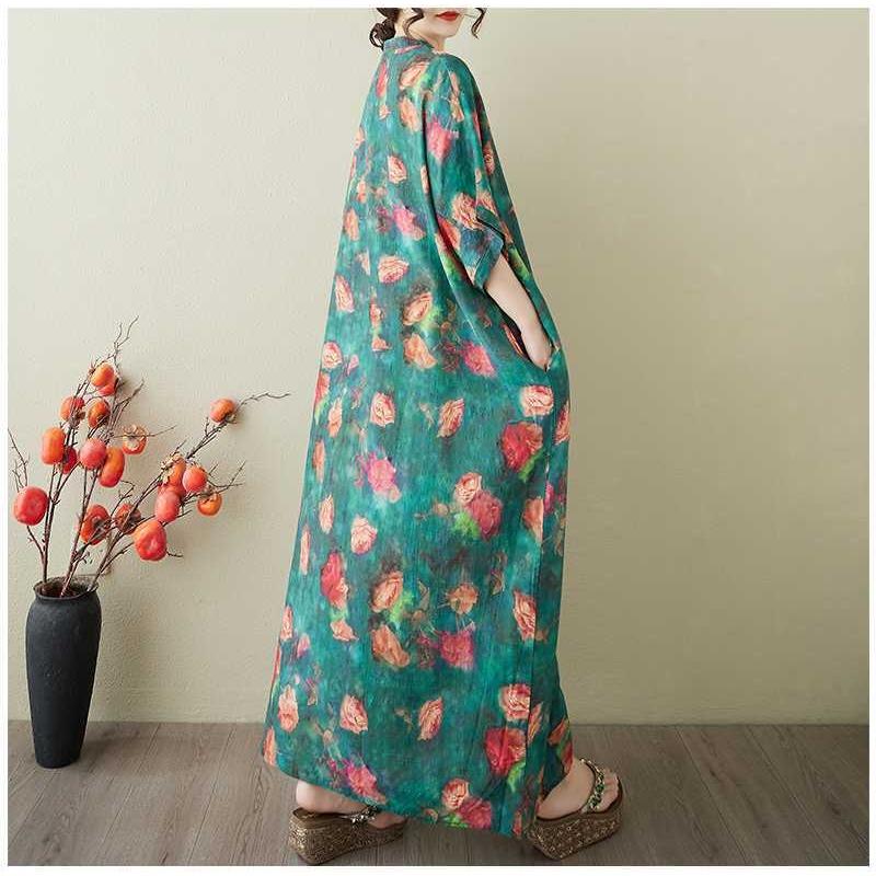 Women's Vintage Long Dress with Cotton and Linen Patterns
