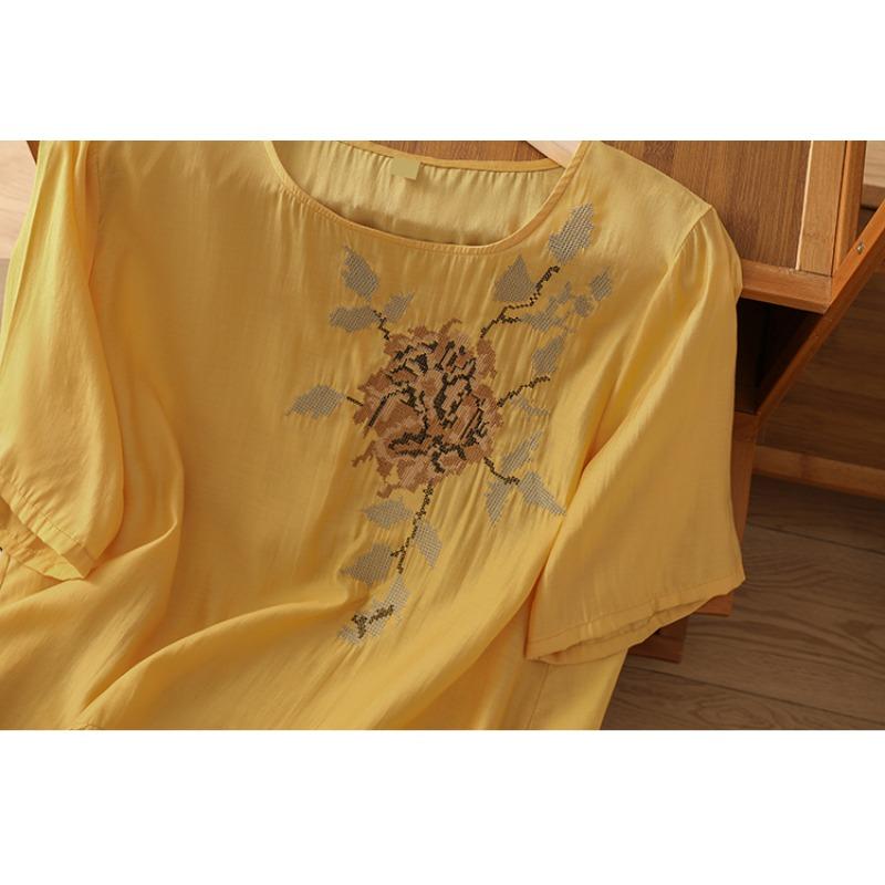 DIMANAF 2025 New Summer Plus Size T-Shirt Women O-Neck Short Sleeve Vintage Linen Loose Tops Tees Maxi