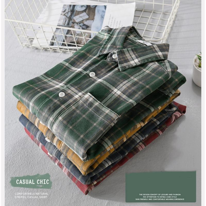 Japanese Style Long Sleeve Plaid Shirt Men Spring Fall Daily Men's Casual Shirt Pocket Turn-down Collar 100Cotton Button Shirt