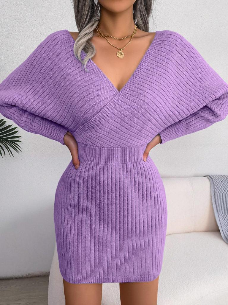 Svetrové šaty s výstřihem do V a křížením, jednobarevné, elegantní, s dlouhým rukávem, bodycon, volné šaty, ležérní netopýří šaty