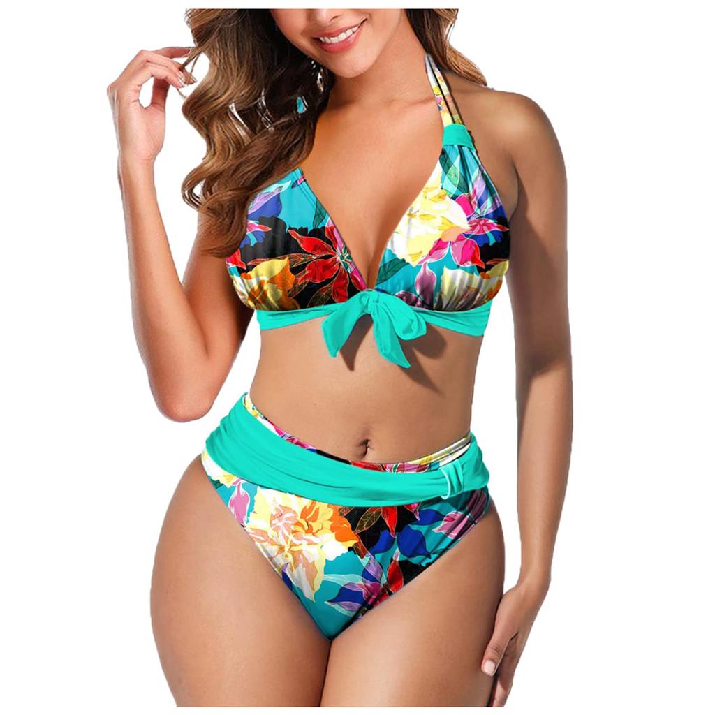 Women's Fashion Split High Waist Printed Bikini With Bra Pads And No Steel Bra Swimsuit