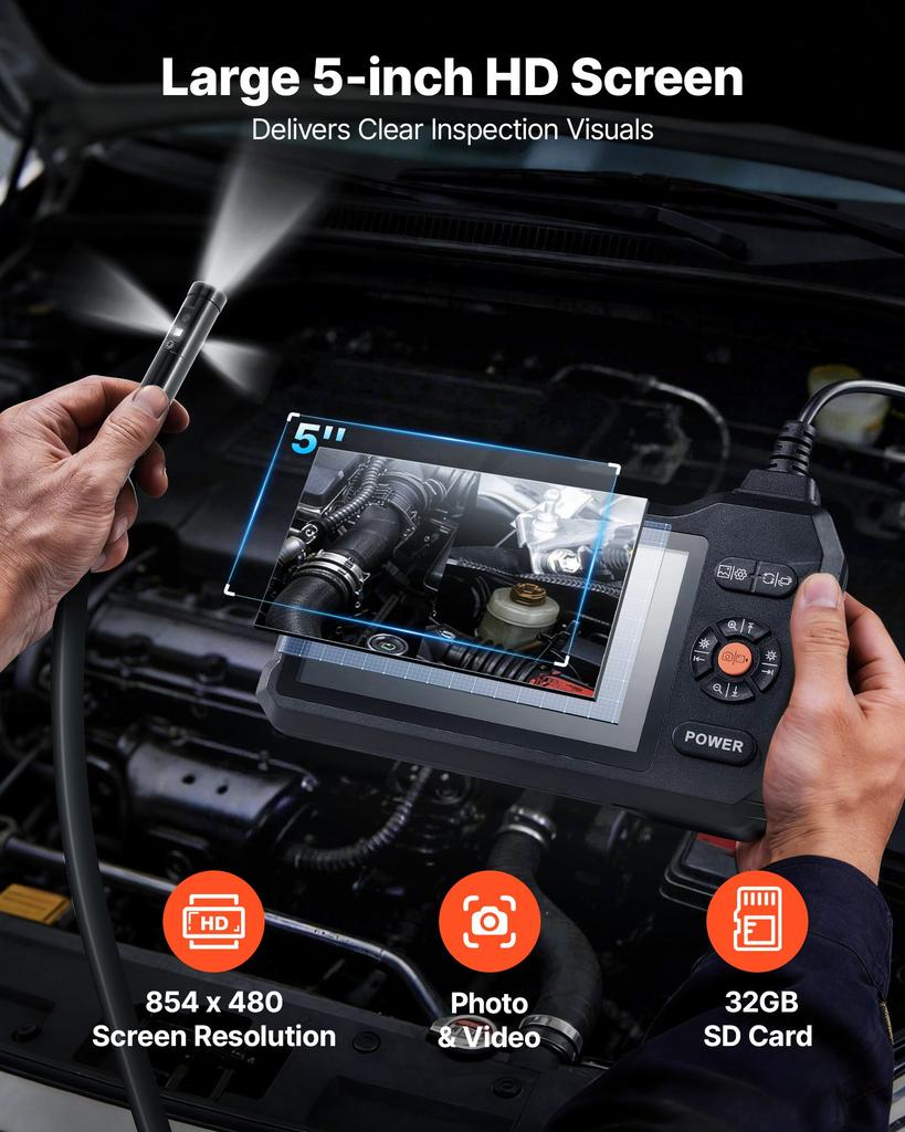 VEVOR Triple Lens Endoscope with Light, 5" HD IPS Screen Industrial Borescope Camera, 1280 X 720 Lens, 8 + 2 LEDs, 8X Zoom