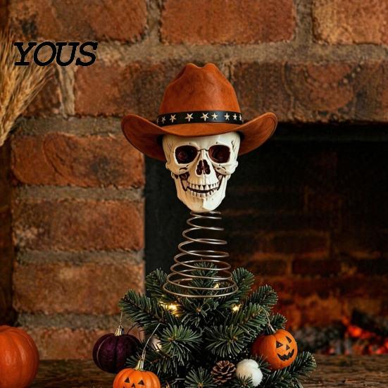 Unique Skull Tabletop Figurine Gothic Tree Topper with Cowboy Hat, Vintage Western Halloween Desktop Ornament Skeleton for Halloween, Spooky Christmas
