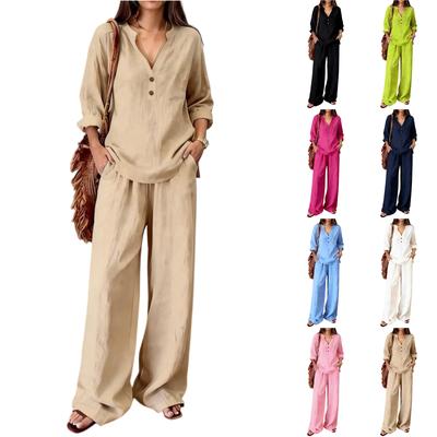 Zweiteiler für Damen - einfarbig - Baumwolle und Leinen - Langarm - V-Ausschnitt - Oberteil - Gerade geschnittene - Lässige - Hose - Set