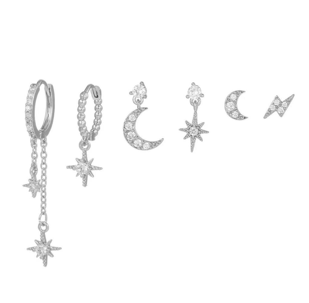 Star and Moon Chain Tassel Earrings with Hexagram Zircon Studs Set - Women's Dangle Earrings