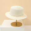 Beach Hat Wide Brim Flat Top Imitation Pearls Trim Tulle Bow Decor Straw Hat Lightweight Breathable Sun Protection Hat