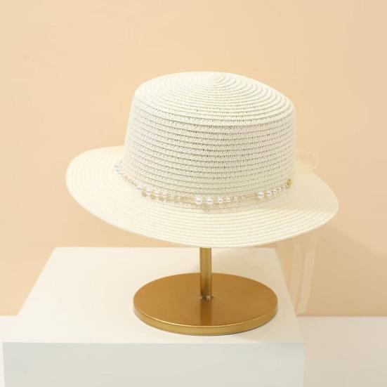Beach Hat Wide Brim Flat Top Imitation Pearls Trim Tulle Bow Decor Straw Hat Lightweight Breathable Sun Protection Hat