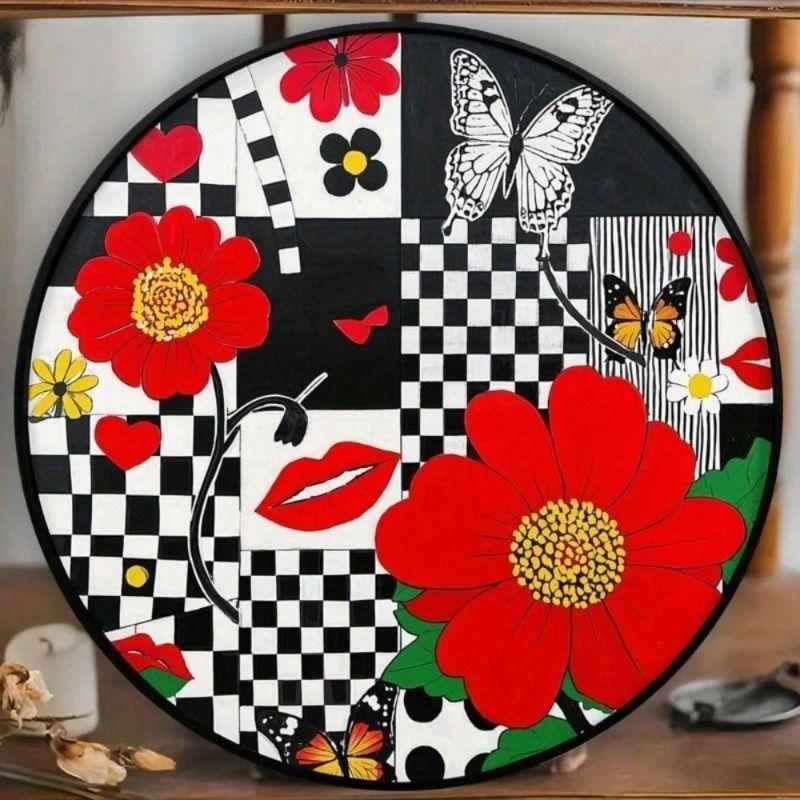 

Vintage Style Round Metal Poster Red Flower Butterfly Wall Art 20x20 cm for Living Room