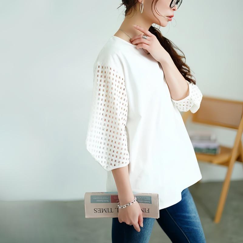 Japanese Korean Summer Women's Hollow Sleeve Patchwork Loose T-shirt