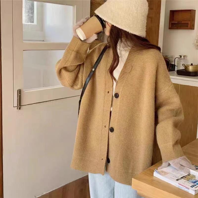 Autumn and Winter Knitted Sweater Cardigan Jacket Women's Loose Lazy Style Solid Color Simple Knitted Cardigan Women
