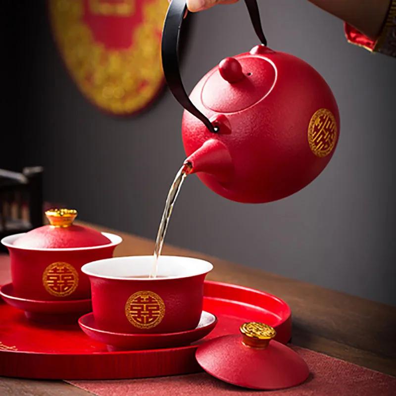 Chinese Style Double Happiness Porcelain Tea Set, Teapot and Cups, Gaiwan with Saucer, Ceremony Set Gifts, Wedding Celebration