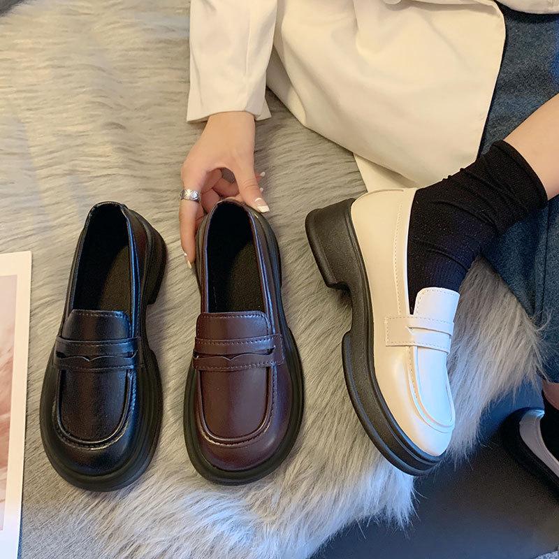 Mocassins Femininos 2025 Primavera Estilo Japonês Preto Sola Grossa - Sapatos Slip-On para Uniforme JK