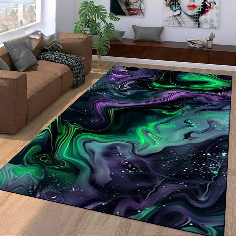 Abstract Galaxy-Inspired Carpet with Green and Purple Swirl Pattern Suitable for Use As an Anti-slip for Living Room Bedroom Sofas