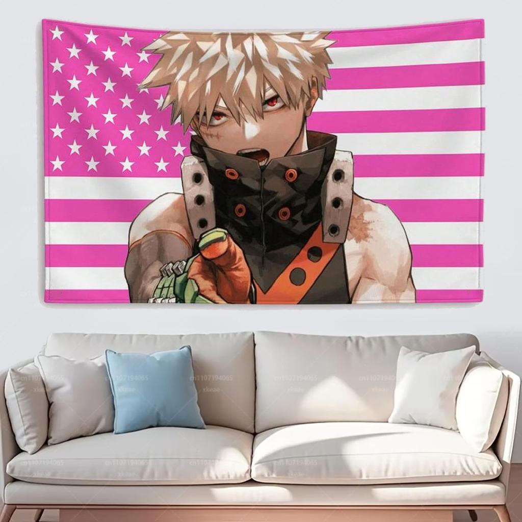My Hero Academia Bakugo Katsuki American Flag Tapestry Funny Outdoor Garage Bedroom Wall Decor Printed Banner for Anime