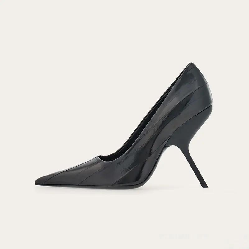 Fashion Brand Fashion Show Silvery 9cm High Heels Spring Autumn New Irregular Heels Black Red Pointed Sexy Women's Single Shoes Size 43