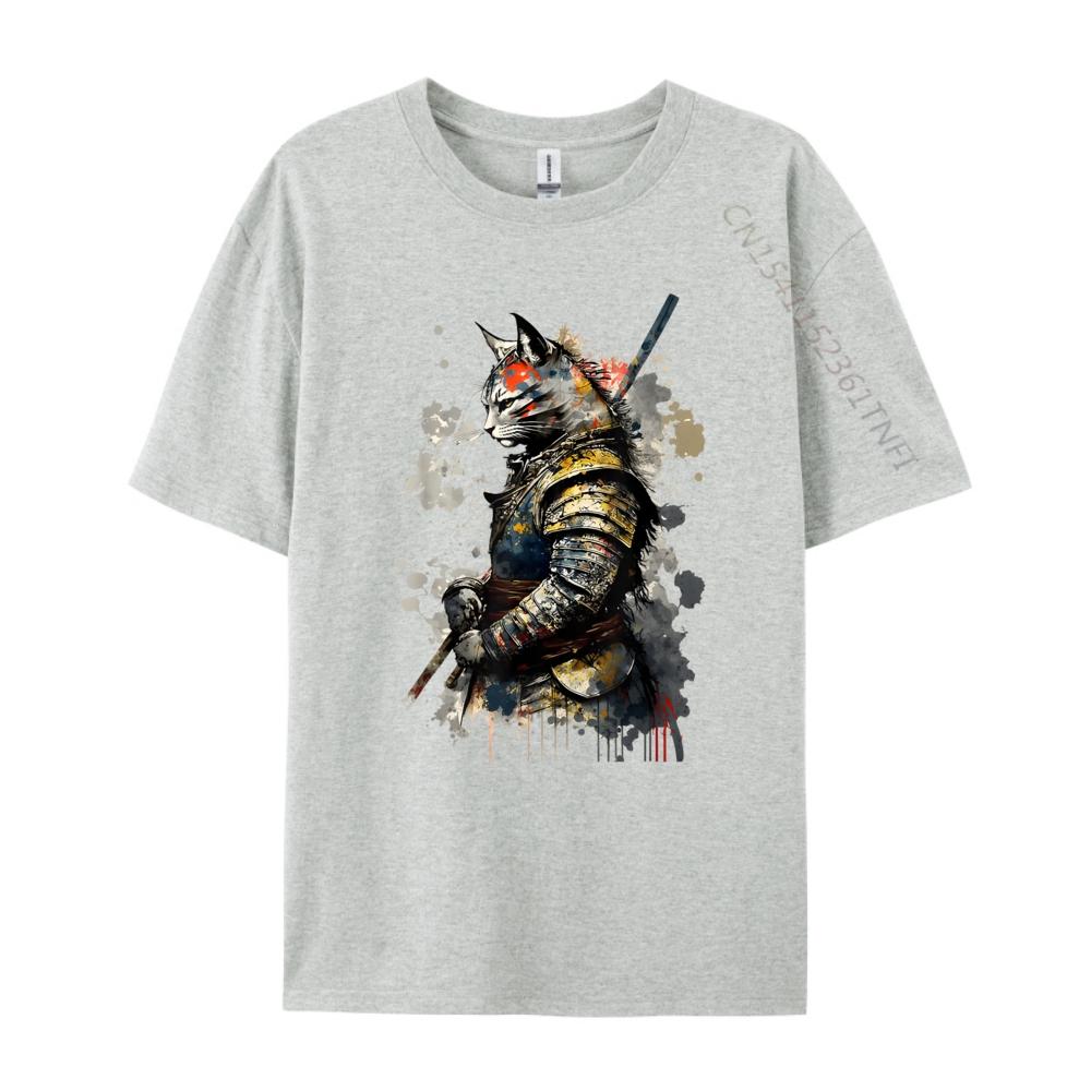 Cat Samurai Wearing Uniform Painting Portrait Cat Samurai Mens Shirts Graphic Tee Short Sleeve Tee Creative