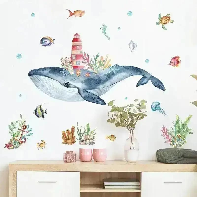 Cartoon Ocean Whale Wall Stickers Underwater Creatures Coral Lighthouse Whale Bathroom Bedroom Home Decoration Wall Stickers