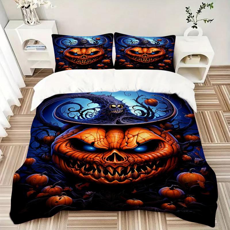 3pcs Pumpkin Head Halloween Bedding Set, Includes Without Pillow Inserts, Soft Comfortable Bedding Set,All-Season Use A0924094
