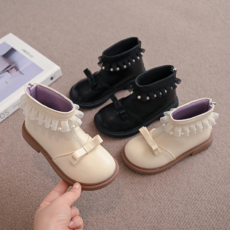 Girls Ankle Boots Sweet Children Short Leather Boots Lolita Style Kids Princess Boots with Bow-knot Spring Autumn 2024 New