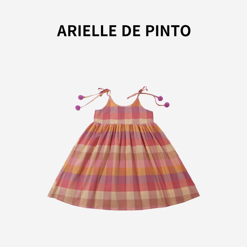 French Arielle De Pinto Girls  Dress Summer Cute Fashionable Sweet Plaid Suspender Dress Yellow 140