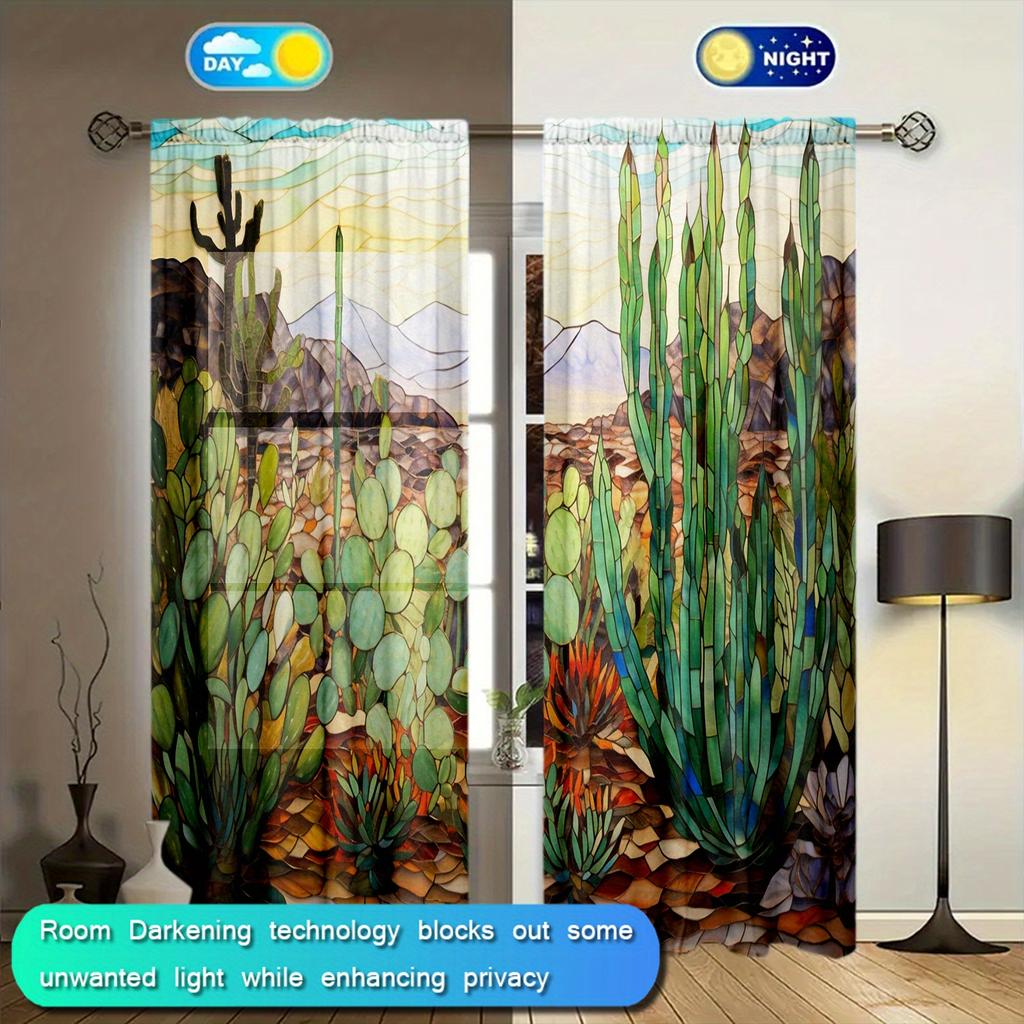 2 szt. Zasłona z nadrukiem kaktusa pustynnego do dekoracji domu - Zasłona okienna z tunelem na karnisz do sypialni, biura, kuchni i salonu