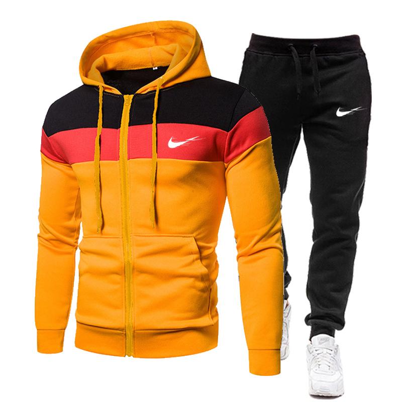 2023 Toamna/Iarna Nou Hanorac Colorat Cusături Culoare Glugă+Pantaloni Bărbați Casual Bumbac Hanorace calde Costum de jogging