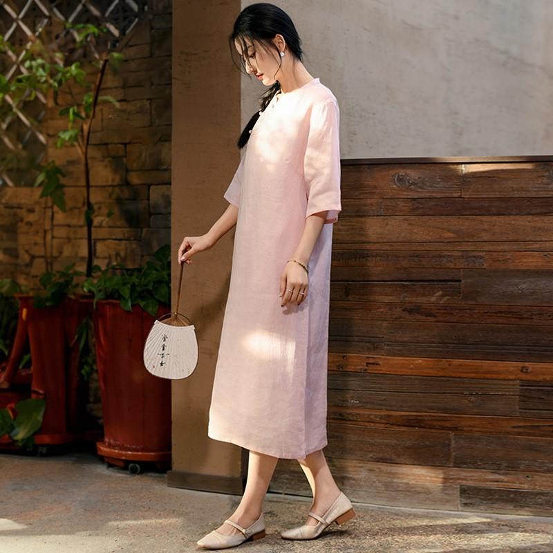 Johnature Women Embroidery Floral Vintage Dress Stand Half Sleeve Solid Color Summer Button Ramie A-Line Dress