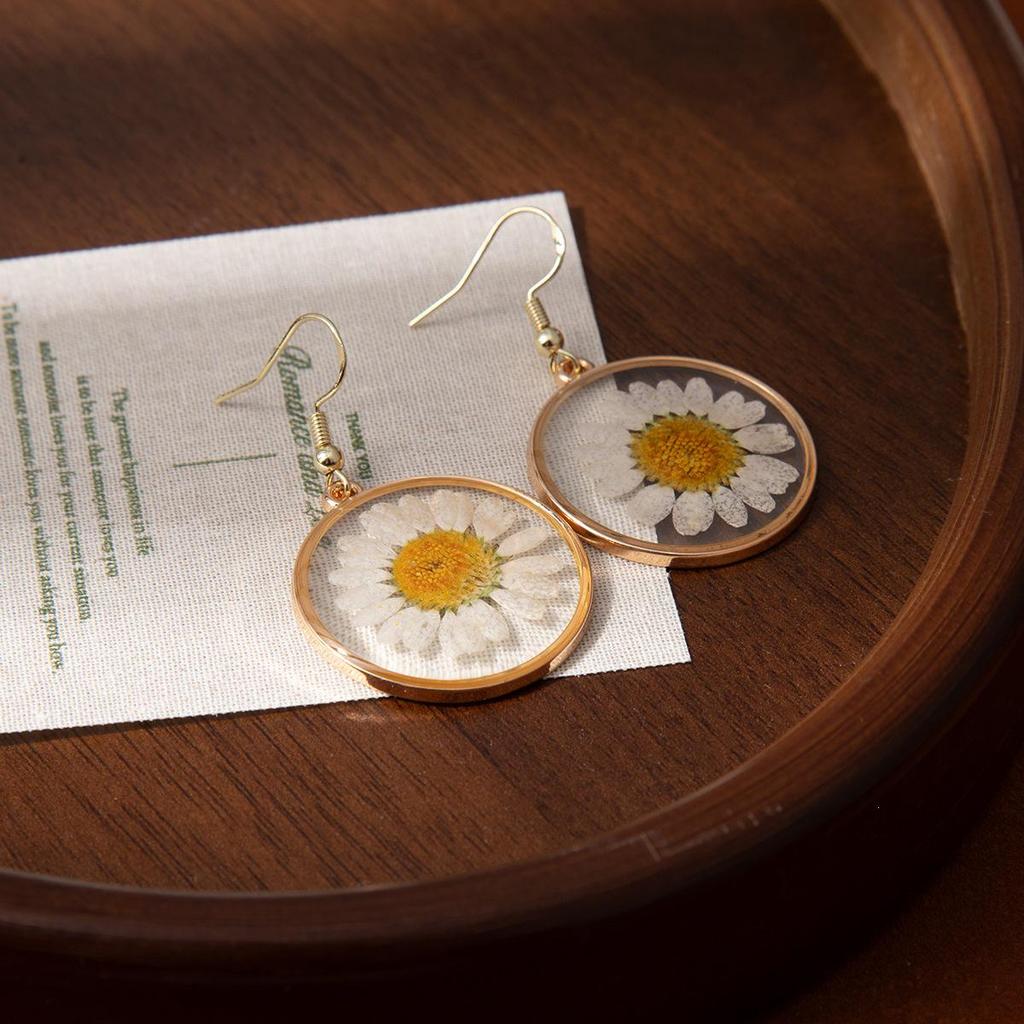 Sunflower Daisy Resin Drop Earrings - Preserved Flower Transparent Style