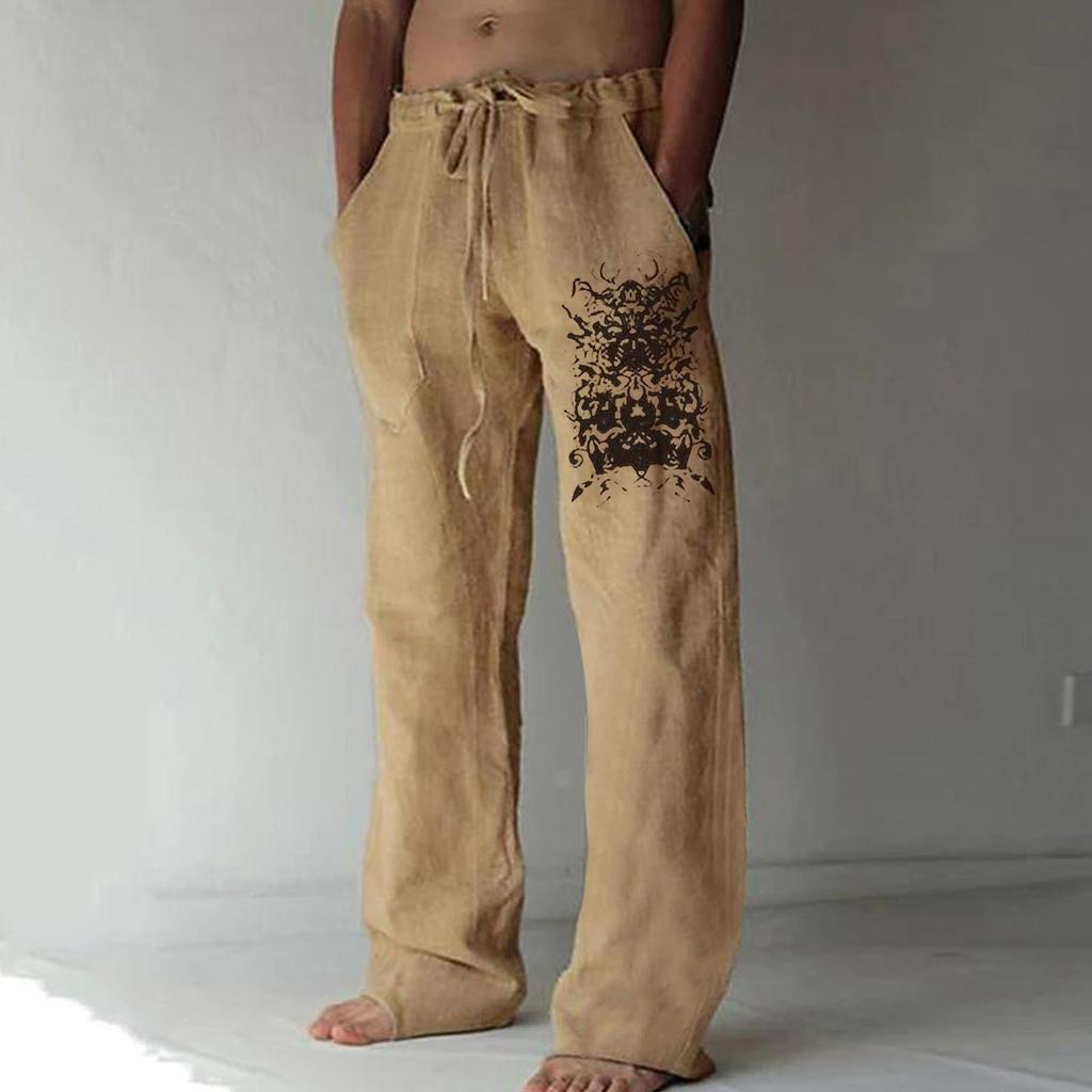 Men's Loose Casual Color Cotton Linen Trousers Elastic Tie Printed Straight Pants