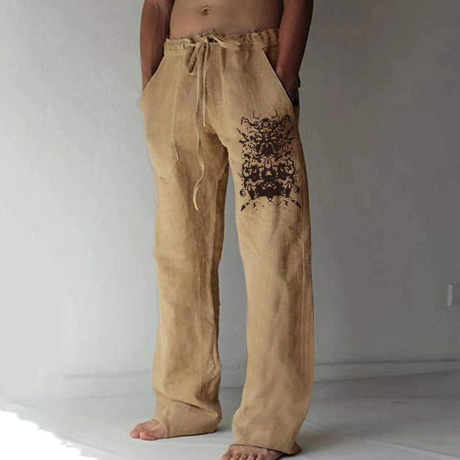 

Мужские свободные повседневные однотонные хлопковые льняные брюки с эластичным галстуком и принтом, прямые брюки XL хаки