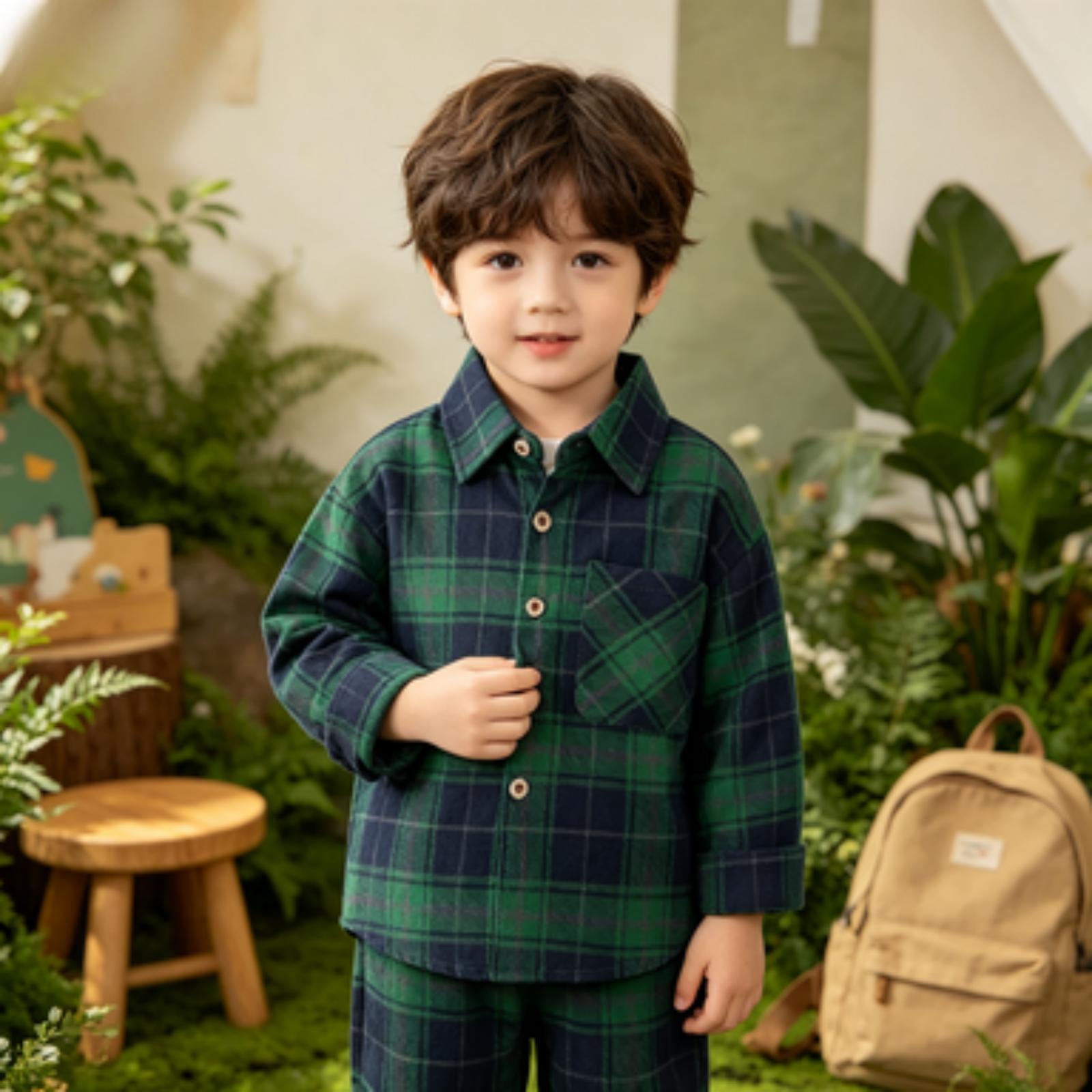 Boys Plaid Long Sleeve Button Down Shirt, Soft Cotton, Korean Casual Top 110