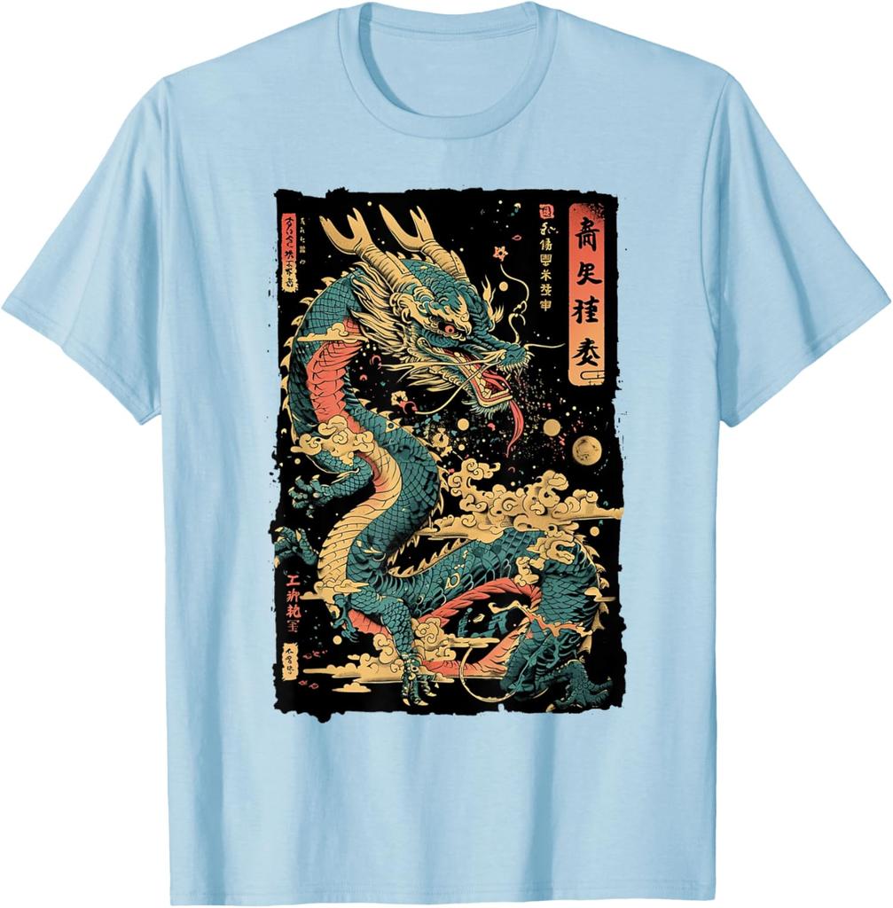 Japanese Dragon Graphic Tee Mens Casual Cotton Print Short Sleeve Crew Neck TShirt