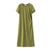 2026 summer new medium and long t-shirt loose and thin over the knee short-sleeved avocado green dress