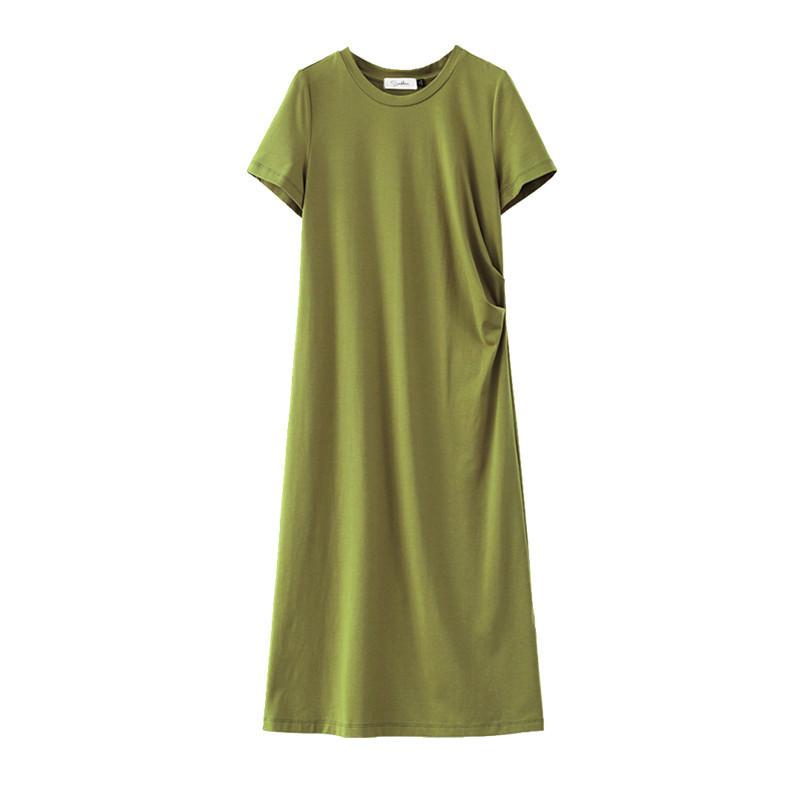 2026 summer new medium and long t-shirt loose and thin over the knee short-sleeved avocado green dress