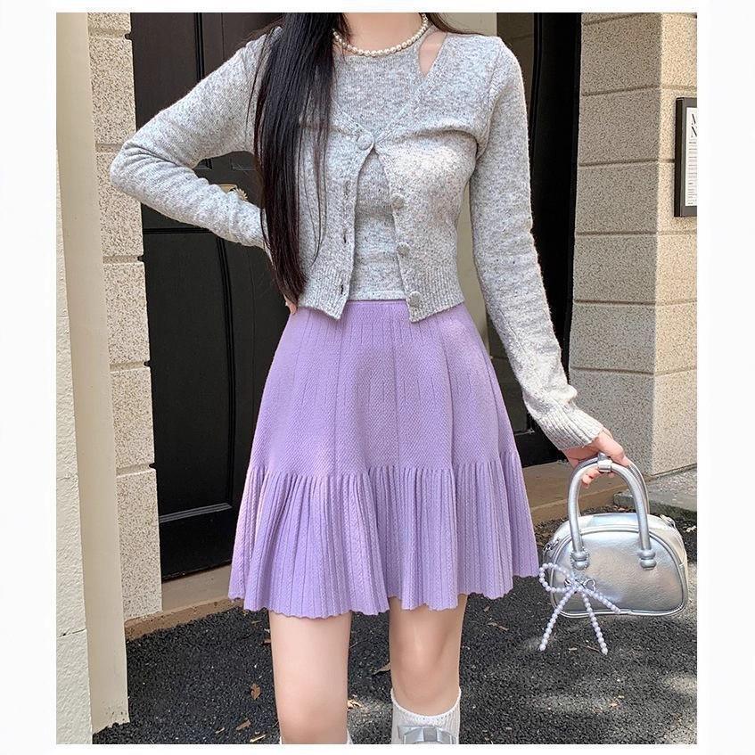 

2025 Autumn/Winter Women s High-Waisted Slimming Knit A-Line Ruffle Skirt One Size [80-120] фиолетовый