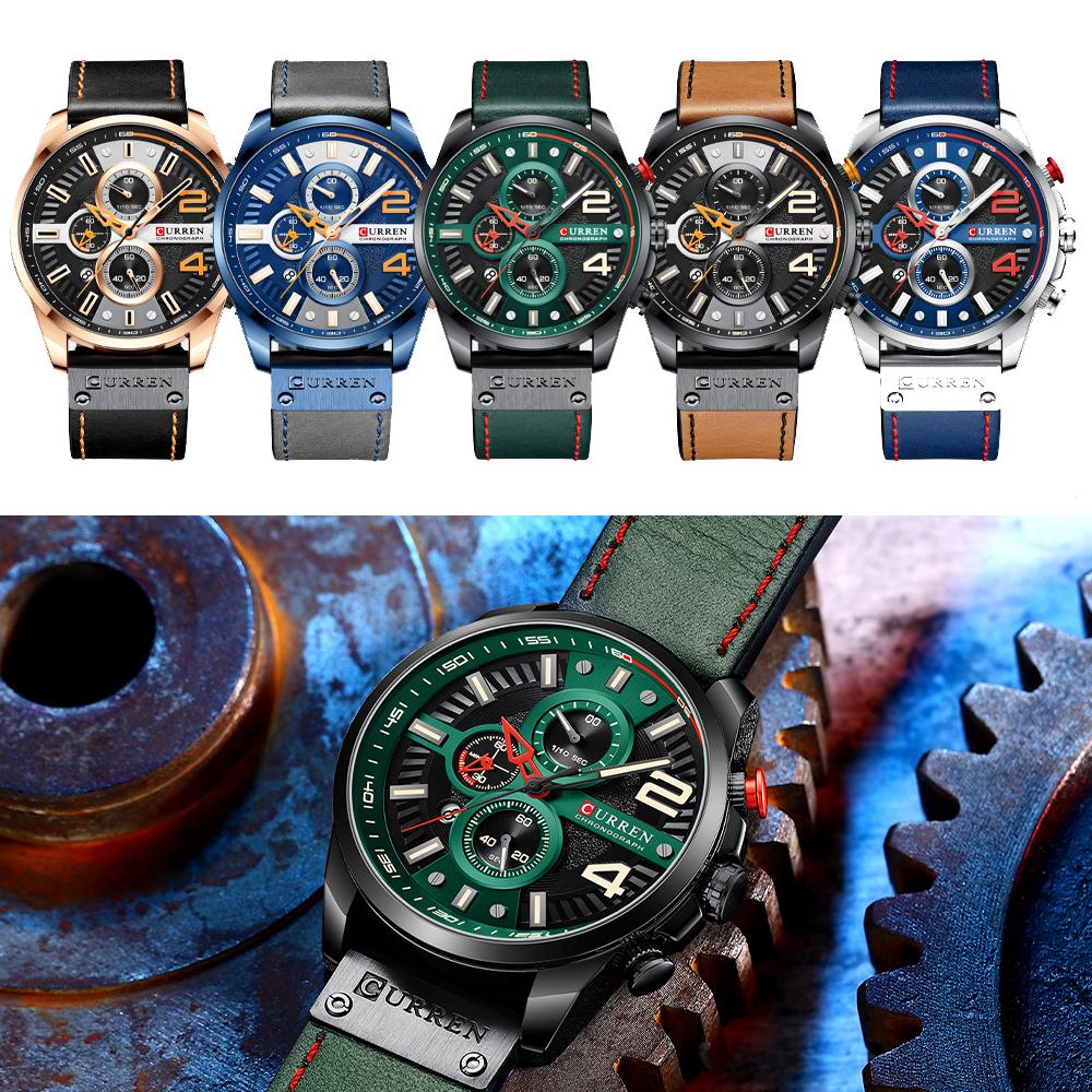 CURREN Watches for Mens Chronograph Leather Wristwatch Fashion Green Male Clock with Designed Dial