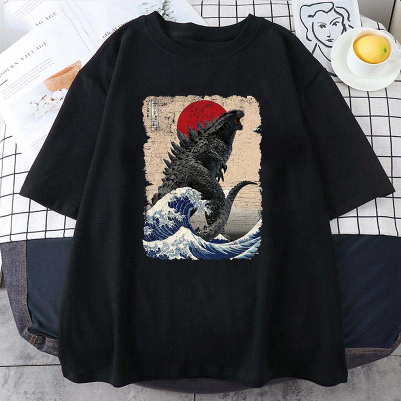 

Футболки с коротким рукавом Уникальная японская футболка Godzillaed Great Wave Летняя женская мужская футболка с круглым вырезом из чистого хлопка унисекс S чёрный