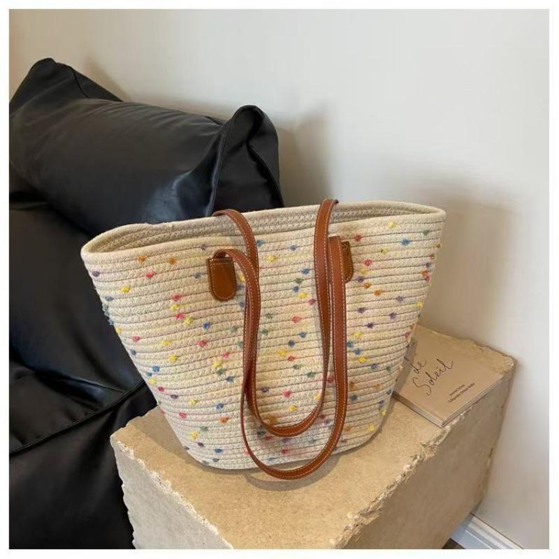 New shoulder cotton rope straw bag versatile hand-woven bag women's large-capacity tote bag seaside vacation beach bag