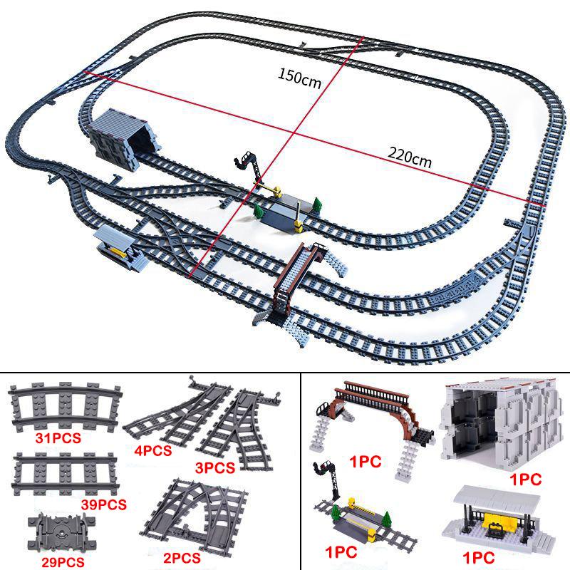 City Train Station Platform Traffic Light Cave Flyover Tracks Straight Curved Rails Building Block Bricks Technican Creative Toy