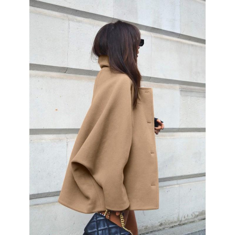 Womens Wool Blend Oversized Turn-Down Collar Batwing Sleeve Cardigan Coat - Classic Office Chic