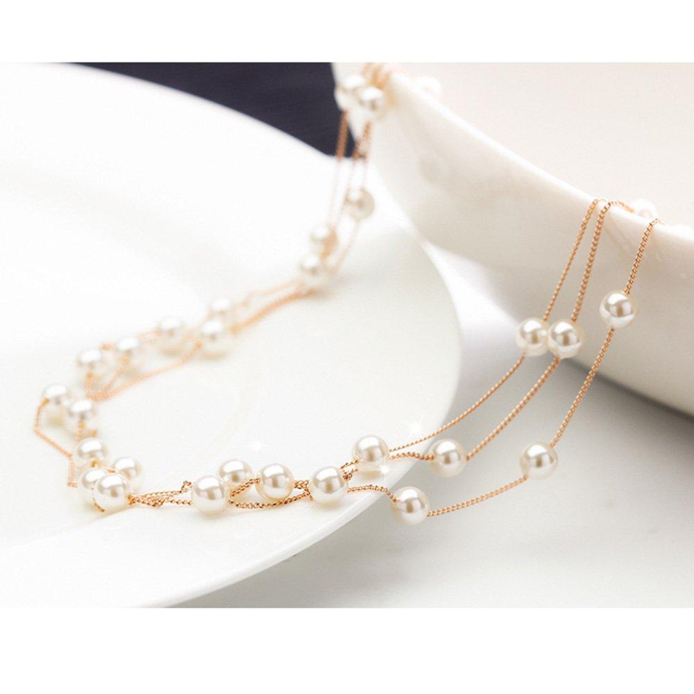 [K.L.Y] Women's Pearl Necklace, 18K RGP, Triple Strand Station Necklace and Bracelet Set, Gift for Office, White Day (Pink Gold)