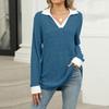 Women's Fashionable Lapel Long Sleeved Color Blocked Loose Casual Pullover Top
