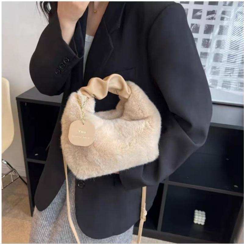 Women Faux Fur Handbag Solid Color Plush Top-Handle Bag Adjustable Shoulder Strap Comfortable Ladies Girls Trendy Bag