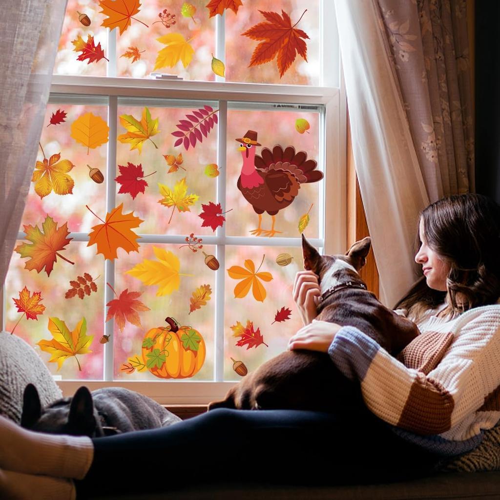164 PCS Fall Window Clings for Glass Windows Autumn Window Clings Stickers Maple Leaf Window Stickers for Thanksgiving Autumn Home Office Decorations