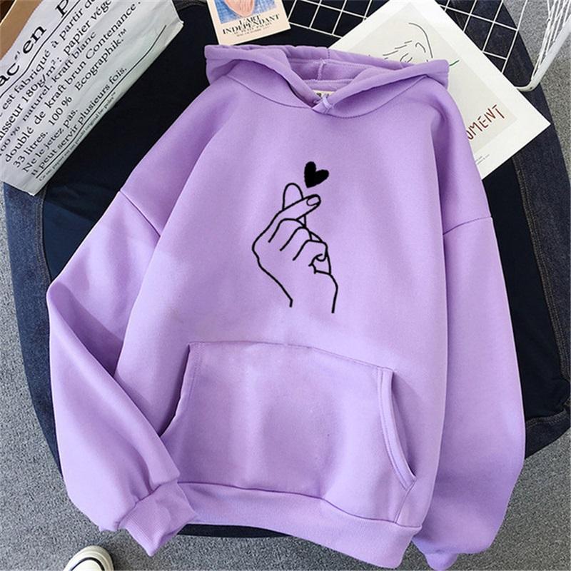 Love Heart Print Hoodie Casual Fleece Lined Pullover Sweatshirt