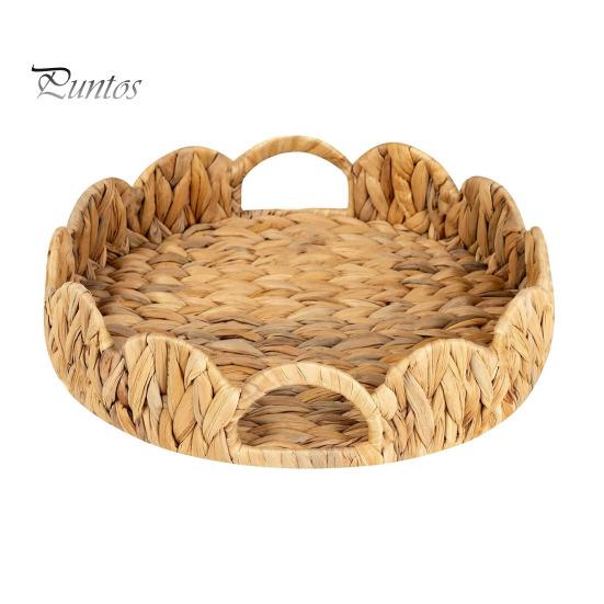 

Поднос из плетеной ткани с зубчатым краем и ручками, круглый сервировочный поднос, легкая корзина из ротанга для организации хранения декора комнаты темно-коричневого